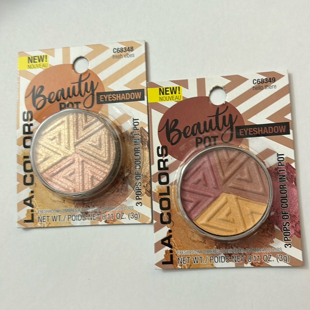 L.A. COLORS® EYESHADOW. 3 COLOR EYESHADOW POT. GLIDES ON EVENLY.